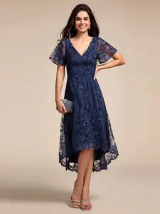 Ever-Pretty   Embroidered Mesh Double V-Neck Short Sleeves Midi Wedding Guest Dress ,Formal dress 02255
