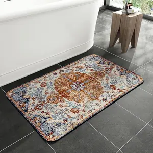 Retro Bohemian floral bathroom carpet, absorbent quick drying shower mat, soft and easy to clean shower mat for bathrooms, bathtubs, and showers, Bathroom Decorative Mat