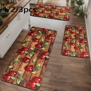 Set of 1/2/3 Farmhouse Red Apple Kitchen Rugs, Excellent for Home Decor, Made of Flannel, Non-Slip, Soft, Comfortable, Easy to Clean, Ideal for Bathroom, Bedroom, Living Room, Porch, And Laundry.