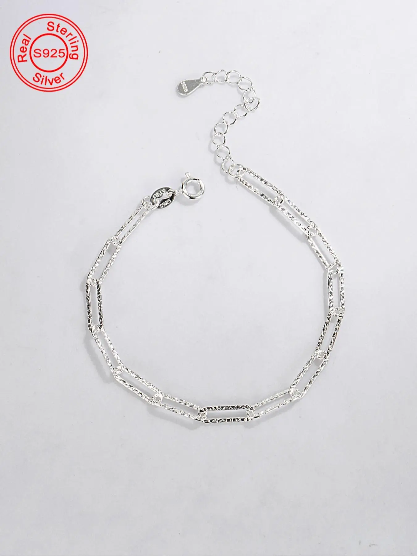 925 Sterling Silver Glittering Oval Link Bracelet, Exquisite Bracelet, Fashionable Textured Metal Design Jewelry for Women & Girls, Casual Jewelry for Party, Daily Decor, Fashion Bracelets