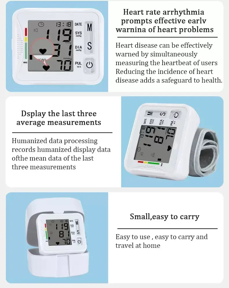 Product Introduction of Wrist Blood Pressure Monitor, Digital BP Machine with LCD Display, Adjustable Cuff, Pulse Rate & Irregular Heartbeat Detection, Large Screen, One-Touch Operation, Battery-Powered, Portable Cuff for Home Health, Hypertension & Heart Care. Healthcare Kit 7