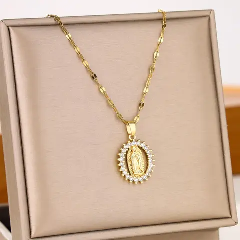 Fall Elegant Rhinestone Decor Chains, Virgin Mary Design Pendant Necklace for Men & Women, Exquisite Trendy Chain Necklace, Chic Vintage Jewelry As Gift for Girlfriend & Boyfriend