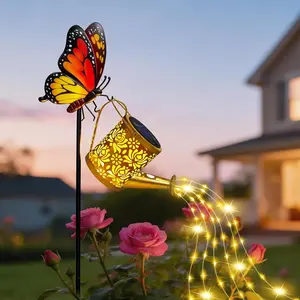 Solar Lights Outdoor Decorative, Watering Can with Cascading LED Lights on Butterfly Shepherd's Hook, Solar Garden Stake Decor for Patio Yard Pathway, Gift for Women Mom