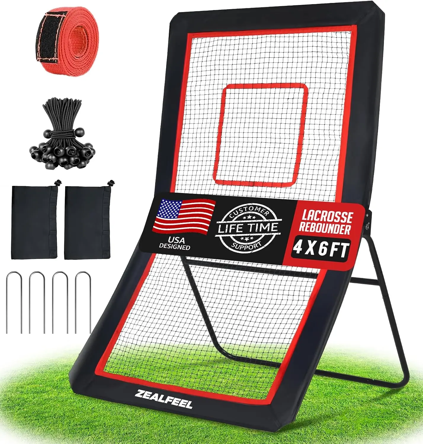 ZEALFEEL Lacrosse Rebounder with 5 Adjustable Angles, 4x6FT/4x7FT | Lacrosse Rebound Net with Target Strip & Anti-rust Steel Frame, Perfect for Lax Baseball Volleyball & Soccer Training