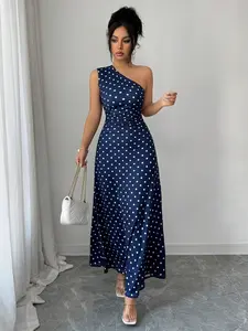 Women's Elegant Ruched Polka Dot Print Asymmetric One Shoulder Sleeveless Long Dress, Stylish, Chic and Comfortable, Perfect for Casual and Party Wear Womenswear