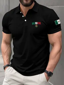Men's Mexico Graphic Short Sleeve Polo Shirt, Patriotic Fan Summer Casual Fitted Top, Versatile Men's Clothing
