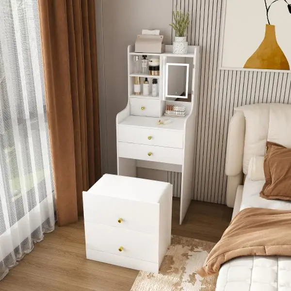 Modern Makeup Vanity Desk with LED Mirror, Hidden Storage Stool, 4 Hidden Drawers, Bookshelf, Multi-Use Storage Cabinet for Bedroom, Multi-Use Unit
