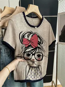 Cartoon Portrait Print Round Neck Sweater, Fitted Casual Short Sleeve Knitwear for Spring Summer Fall, Comfortable Warm Women's Clothing