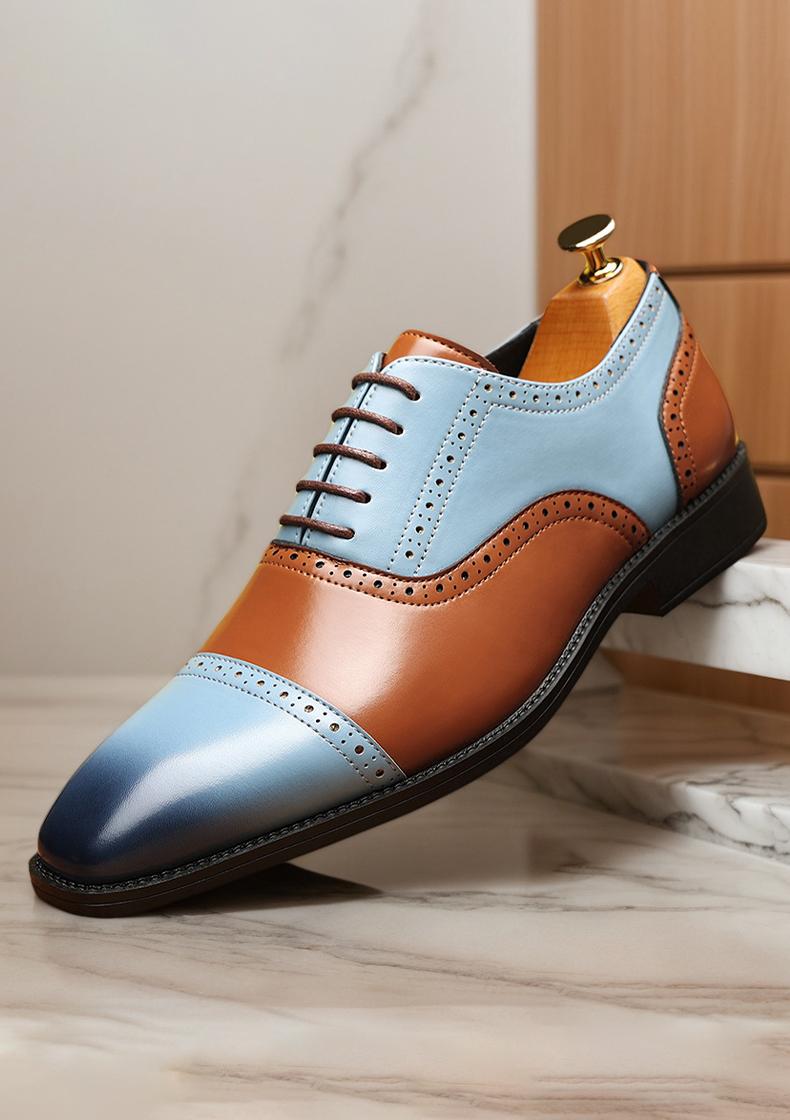 Men's Two-Tone Gradient Brogue Oxford Dress Shoes, Blue & Brown Formal Leather Shoes30820