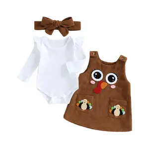Newborn Baby Girl Thanksgiving Outfit Solid Color Long Sleeve Ribbed Romper Turkey Embroidered Tank Dress and Headband 3Pcs Infant Fall Winter Clothes Set