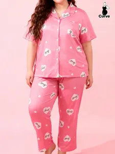Plus Size Women's Homeewear Set, Casual Loose Fit Heart Print Short Sleeve Top & Long Pants Sleepwear, All Seasons Comfortable Wear Pajama Set