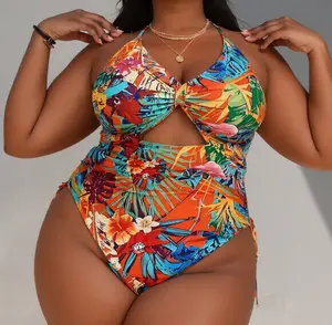 Must-have for curvy plus-size girls | Plus-size women's orange tropical print halter one-piece swimsuit, tummy control shaping slim fit one-piece swimwear, curve-friendly, suitable for beach vacations, pool parties - SummerVibes