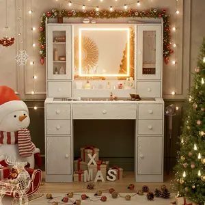 PAKASEPT Vanity Desk with Mirror and LED Lights, White Makeup Vanity with 7 Drawers, 4 Cabinets & Charging Station, Glass Top Dressing Table with Hanging Jewelry Armoire, White vanity  desk vanity  life