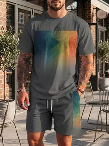 Ethnic Gradient Pattern Print Men’s Short Sleeve Shorts Set, Micro-Elastic & Skin-Friendly, Casual Slim Fit for Adult Men, Ideal for Daily Wear, Bohemian Style & Lounging, Stylish Summer Essential Outfit