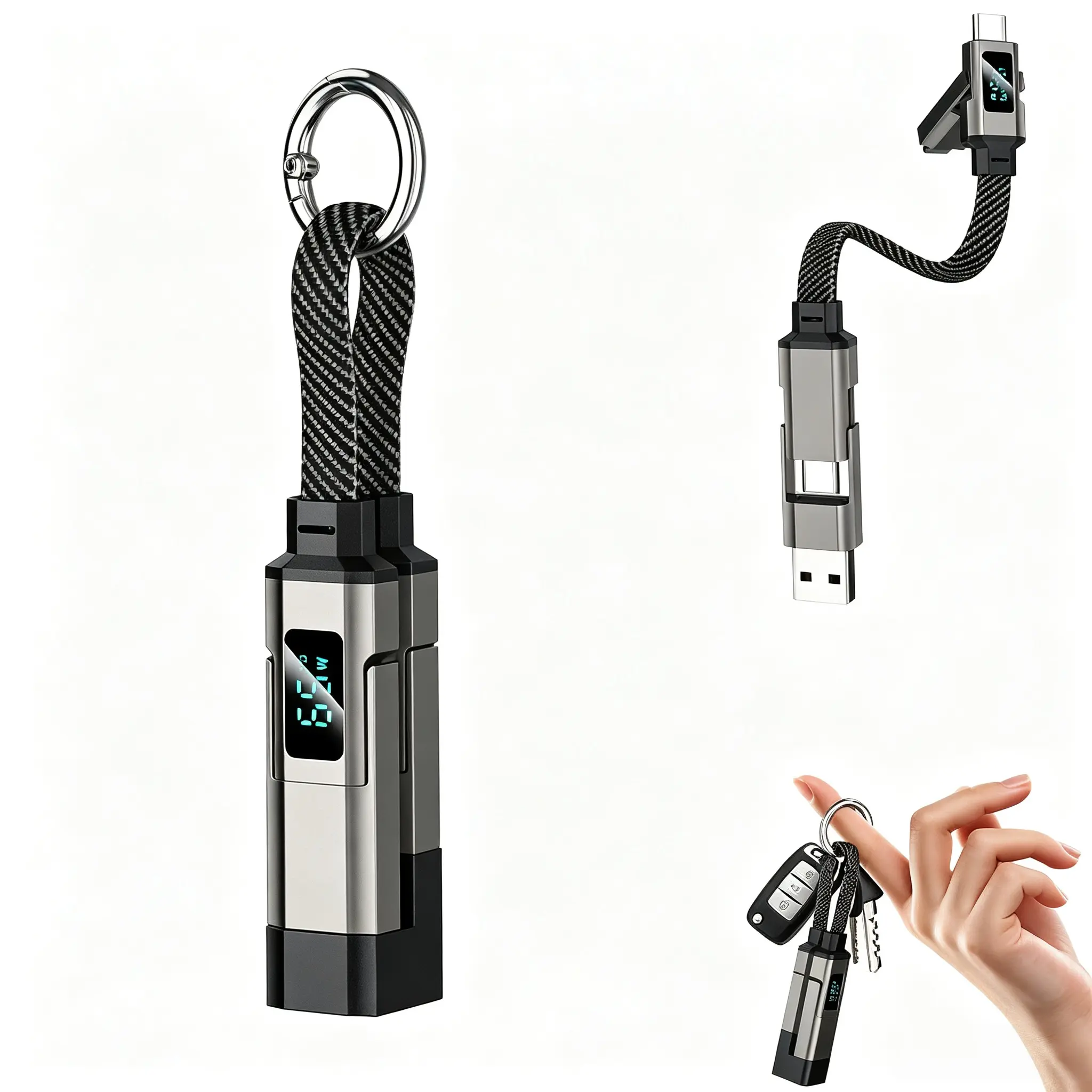 4-in-1 Charging Cable with Digital Display & Keychain – Fast-Charging, Kink-Resistant & Compact, Keychain USB C Cable Short Multi-Interface Braideds Fast Charging Lanyard Cord for Laptop Phone (Black)
