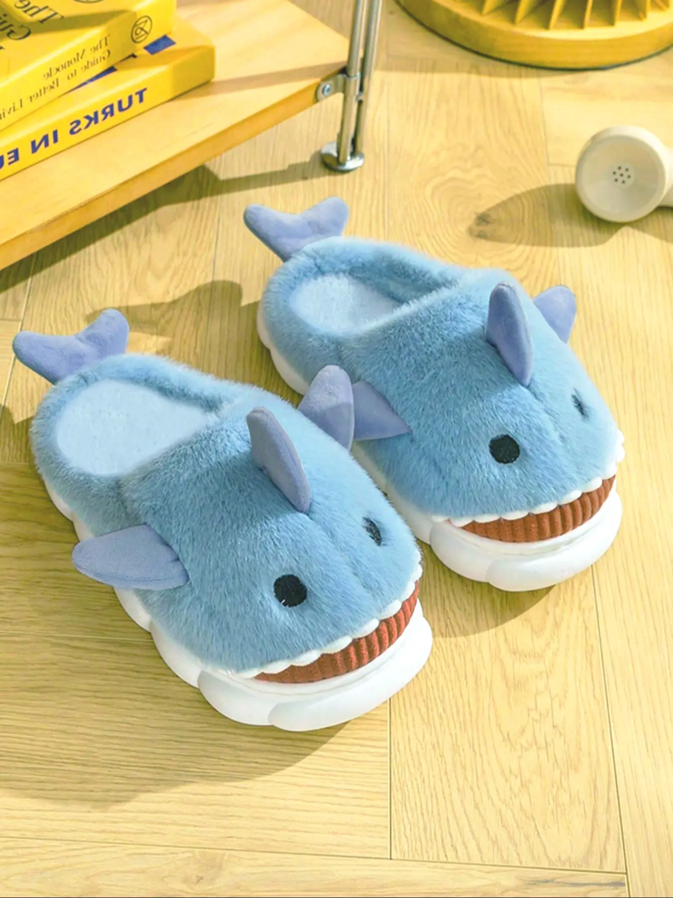 Men's Cotton Slippers Autumn Winter Shark Cartoon Cute Plush Thick Non-Slip Silent Home Warm Shoes, Comfortable Indoor Footwear