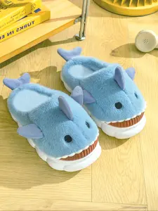 Men's Casual Home Slippers, Fall & Winter New Fashion Soft Sole Cartoon Shark Design, Comfortable Thick Cotton Shoes for Couples, Footwear, Slippers Indoor