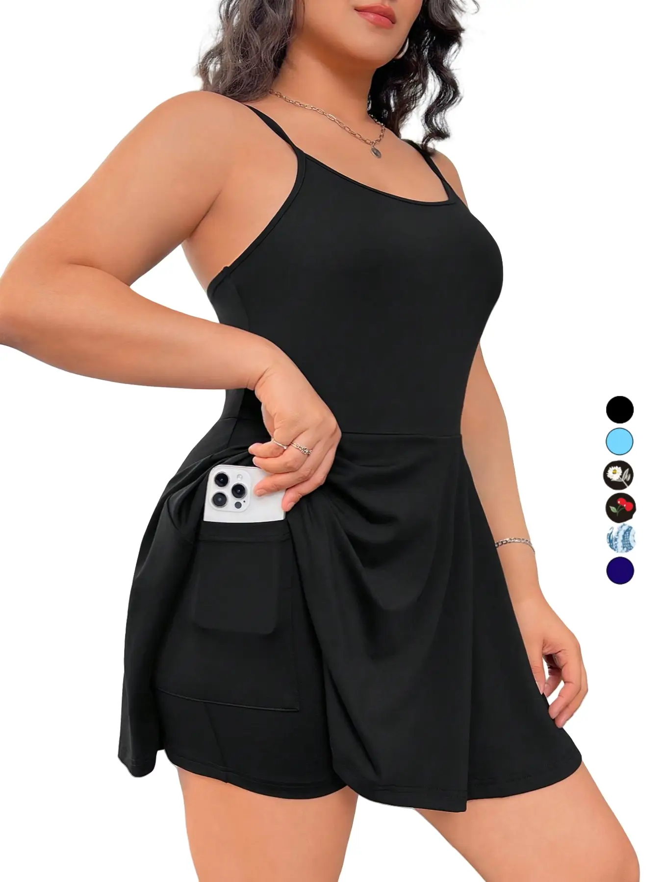 【Plus Size】Plain Backless Pocket 2 IN 1 Cami Dress, Casual Adjustable Strap Short Dress, Women's Plus Size Clothing for Daily Wear