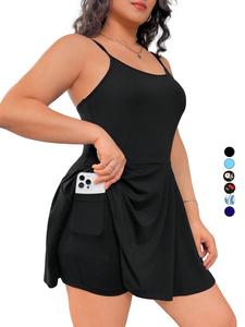 【plus size】plain backless pocket 2 in 1 cami dress, casual adjustable strap short dress, women's plus size clothing for daily wear