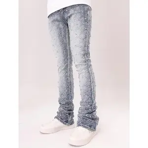 Men's Slim Fit Rhinestone Aqua Blue Embellished Stacked Denim Jeans Fashion Mid Stretch Casual Pants Street Style Comfortable Daily Wear baggy  men wide leg jean relaxed for slant pocket design  loose comfy jean  reworked 2025 fashionable short comfort