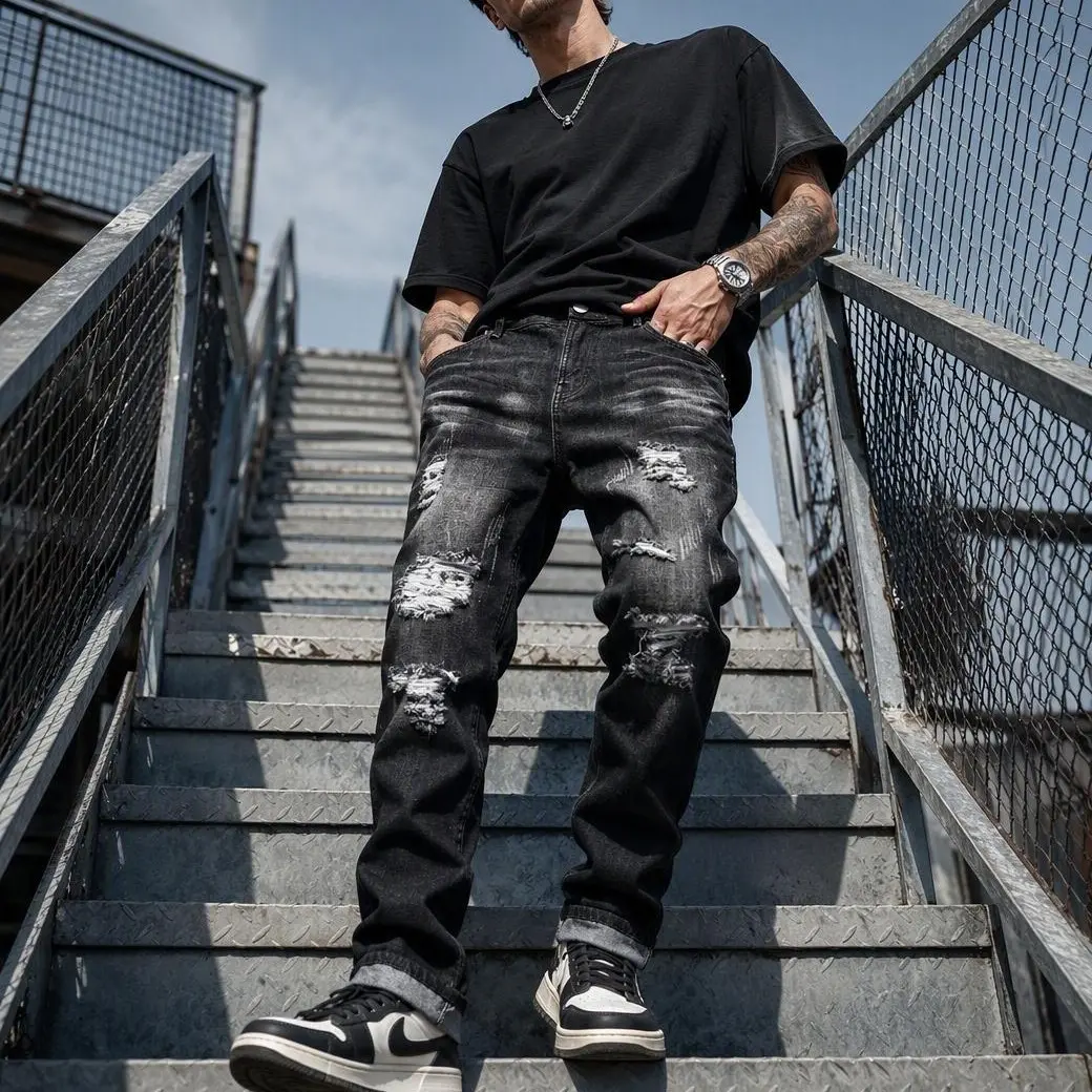 JOJO | New Men's Ripped Patchwork Straight‑Leg Jeans, Black Vintage Washed Denim Jeans, All‑Season Trendy Bottoms, Edgy Streetwear