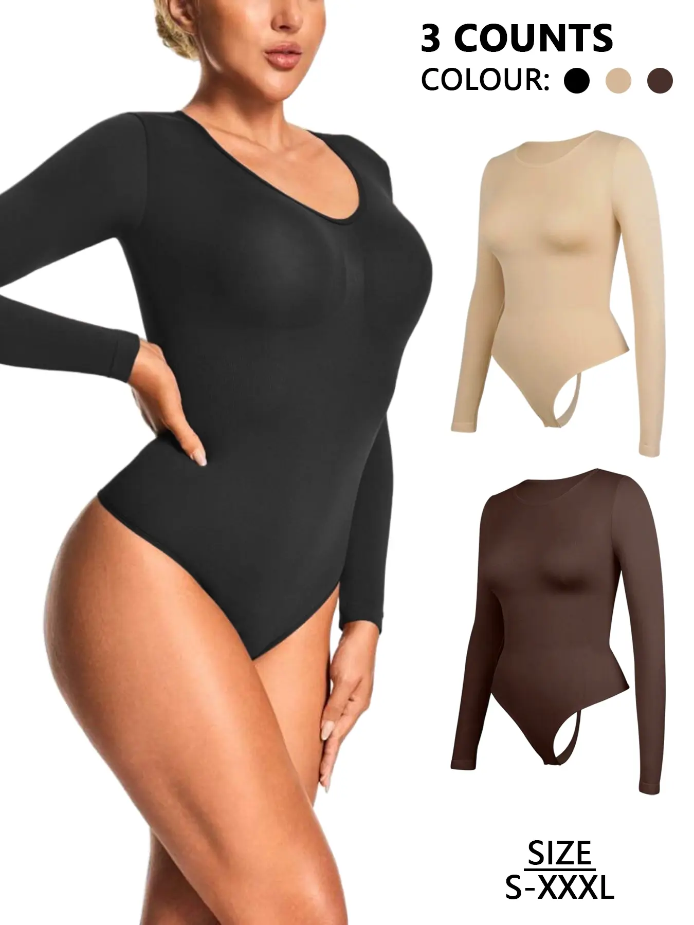 Women's Solid Seamless Fabric Round Neck Long Sleeve Thong Design Bodysuit, Tummy Control, Cinched Waist & Waist Slimming & Butt Lifting, Plain Color Sexy Casual Warm Comfortable Shapewear for Daily Wear, Multi-Scene Wearable