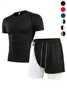 Men's Sporty Tight-Fit Quick-Dry Tee & Multi-Pocket Shorts Set, Ideal for Gym Running Training Fitness, Summer Outdoor Activities, Summer Sportswear, Sports Fitness Wear