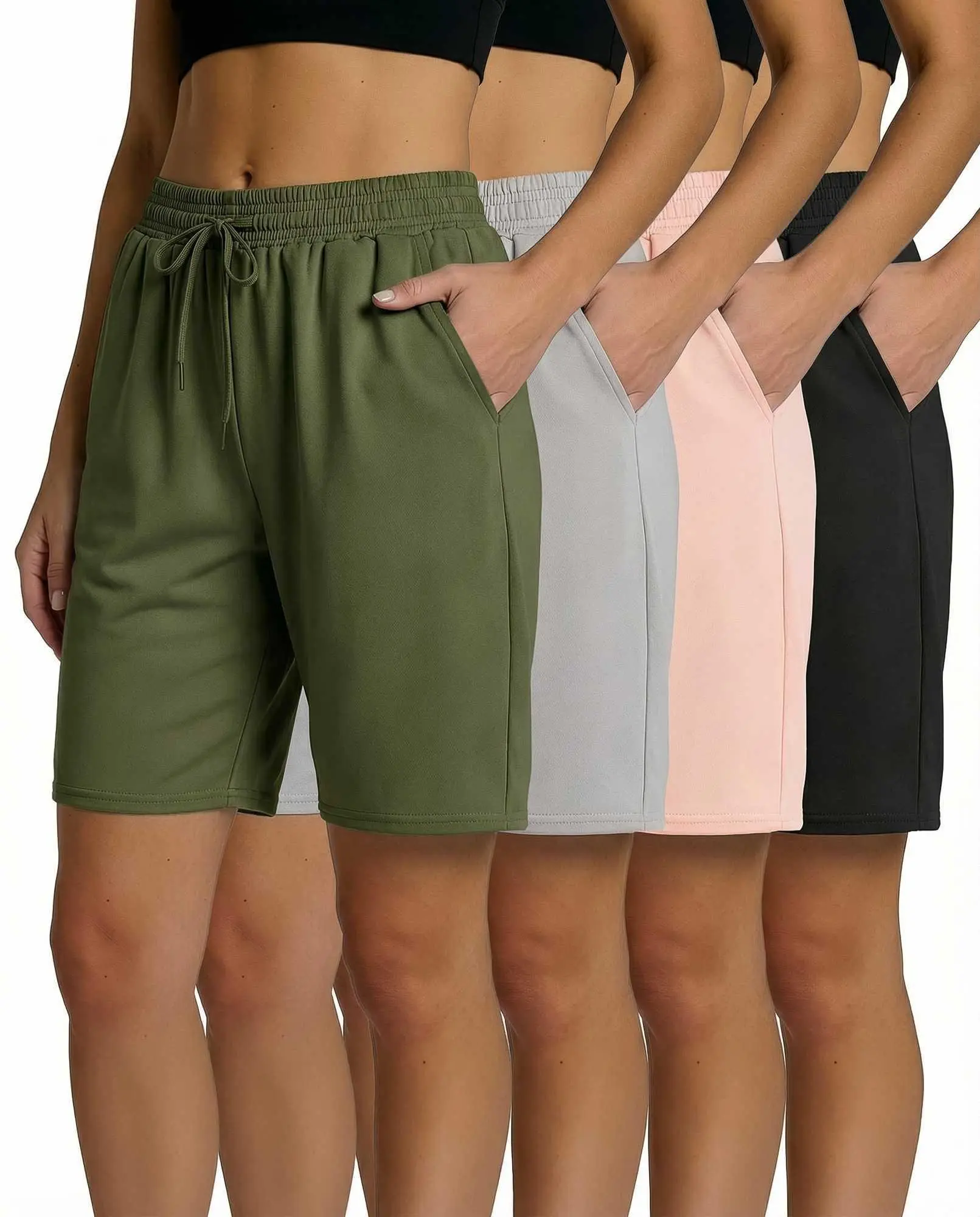 4 Pack Women's Dry Fit Athletic 7" Bermuda Shorts Long High Waisted Pocket