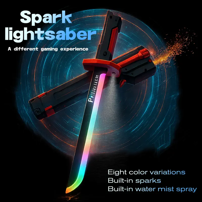 US In Stock DKD Cyberpunk LED SparkBlade Toy Saber 17” – Sound & Mist Effects, 7-Color Flowing Lights, USB Type-C Rechargeable Light-Up Toy for Cosplay, Party, Rave, Gaming Room & Cool Gift Display