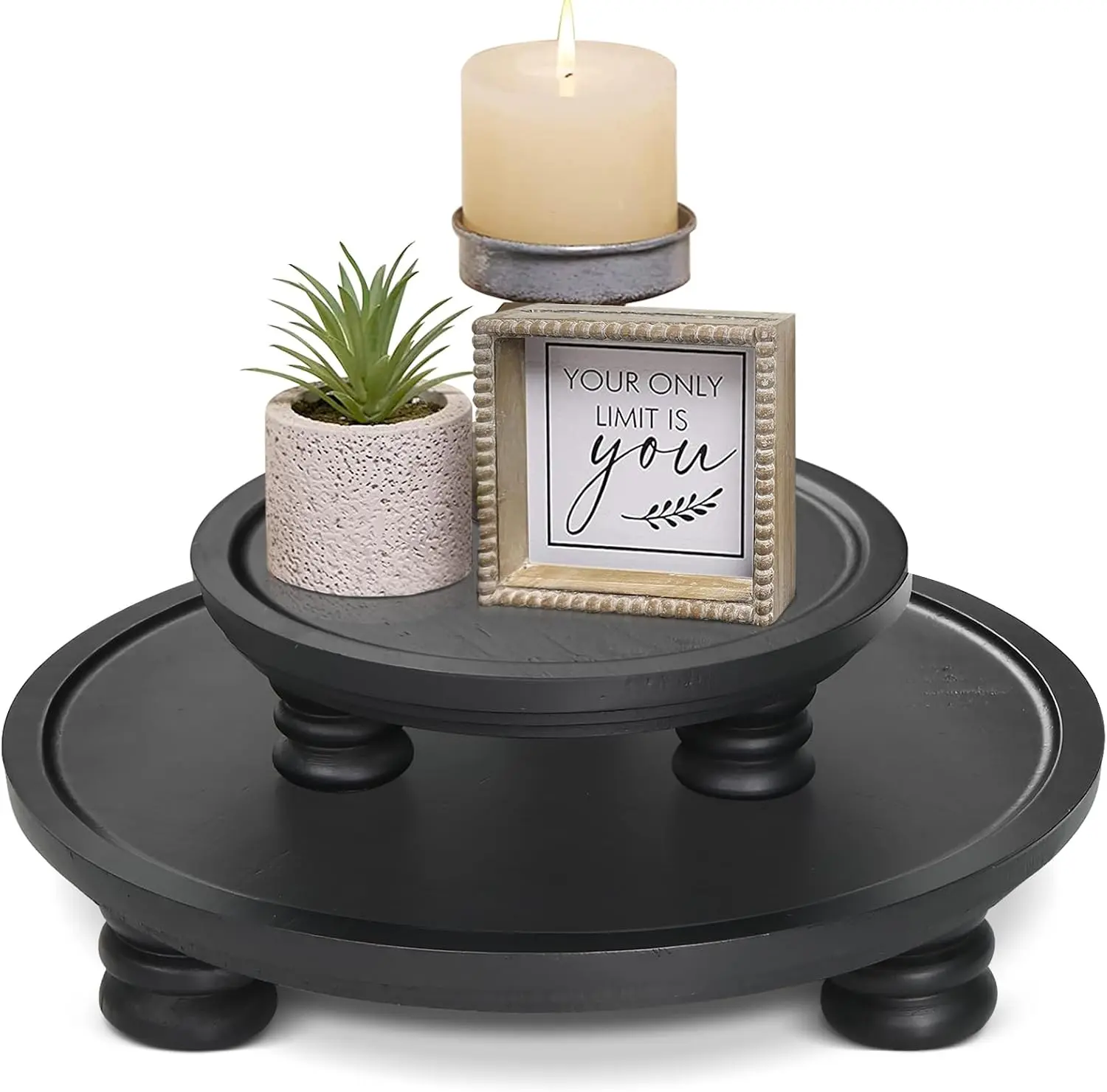 2 Pcs Wooden Risers for Display, Round Wood Tray Decor, Farmhouse Pedestal Stand for Indoor, Rustic Decorative Display Stand for Kitchen Counter Decor, Decorative Cake Holder Plate