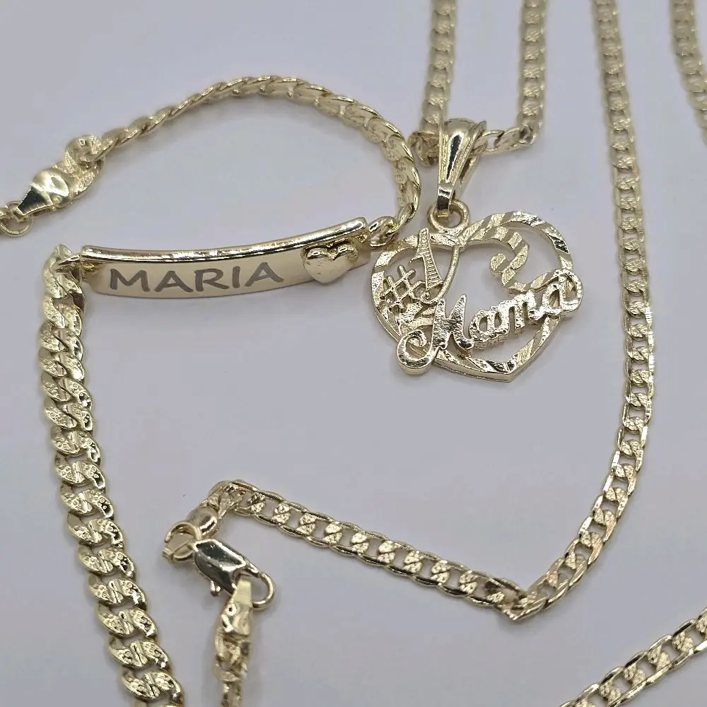 Mama Valentine's Day Set Necklace & ID Bracelet - Cuban Link Style Gold-Plated with "name" Design and Heart Charm leave a note with your name