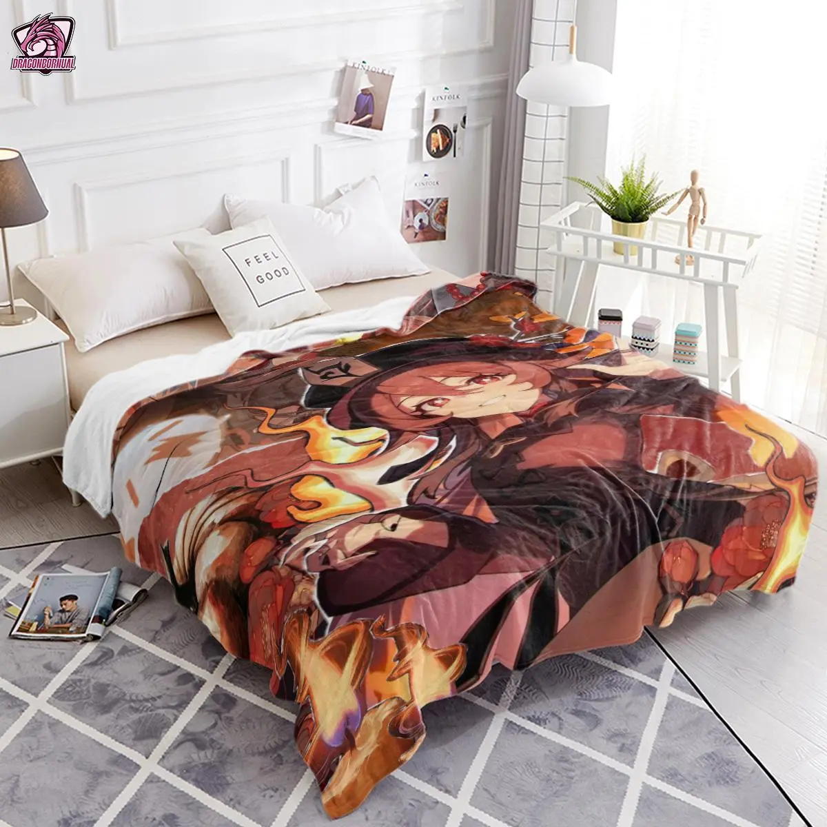 Genshin Impact Hu Tao Character Print Polyester Fiber Throw Blanket - Multi-Size, Smooth, Stain Resistant, Breathable, Anime Decor, Halloween Flaming Spirit & Pumpkin Accents, Machine Washable, Shade Vertical Dry, Father's Day Gift, Sleepover Ready