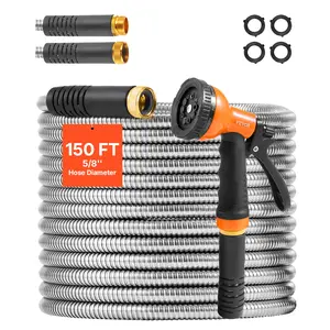 fathersdaygift VEVOR Metal Garden Hose 150 ft, Rust Proof Stainless Steel Water Hose, Heavy Duty Backyard Hose with 10 Function Nozzle, No-Kink Flexible Water Pipe, Lightweight Metal Hose for Yard, Outdoor