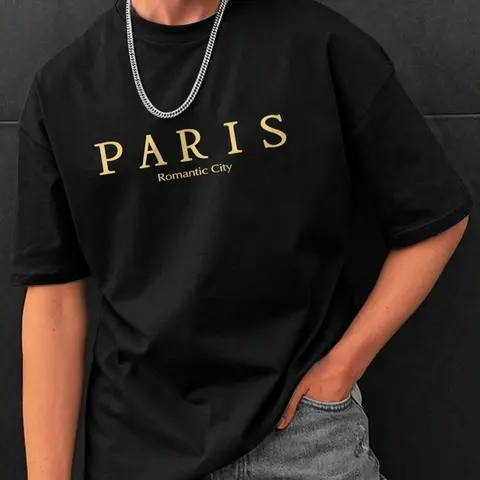Men's Letter Print Drop Shoulder Jersey Tee, National Day Clothing, Menswear, Regular Fit Casual Streetwear Short Sleeve Round Neck T-shirt for Summer, Casual Printed, Men's Top for Daily Wear, Casual Style Tee, Casual Letters Print