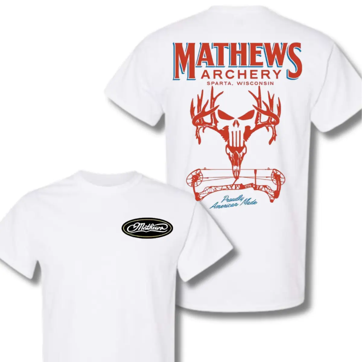 Mathews Archery Skull Bowhunting T-Shirt, Proudly American Made, Unisex 2 Sides Casual Gear,  Cotton for Hunting Enthusiasts and Tactical Style Lovers