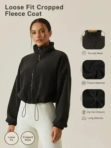 Women's Cropped Zip-Up Jacket - Fleece Casual Top with 'ADA' Print for Daily & Leisure. Adjustable Drawstring Waist Jacket in Navy/Beige/Black