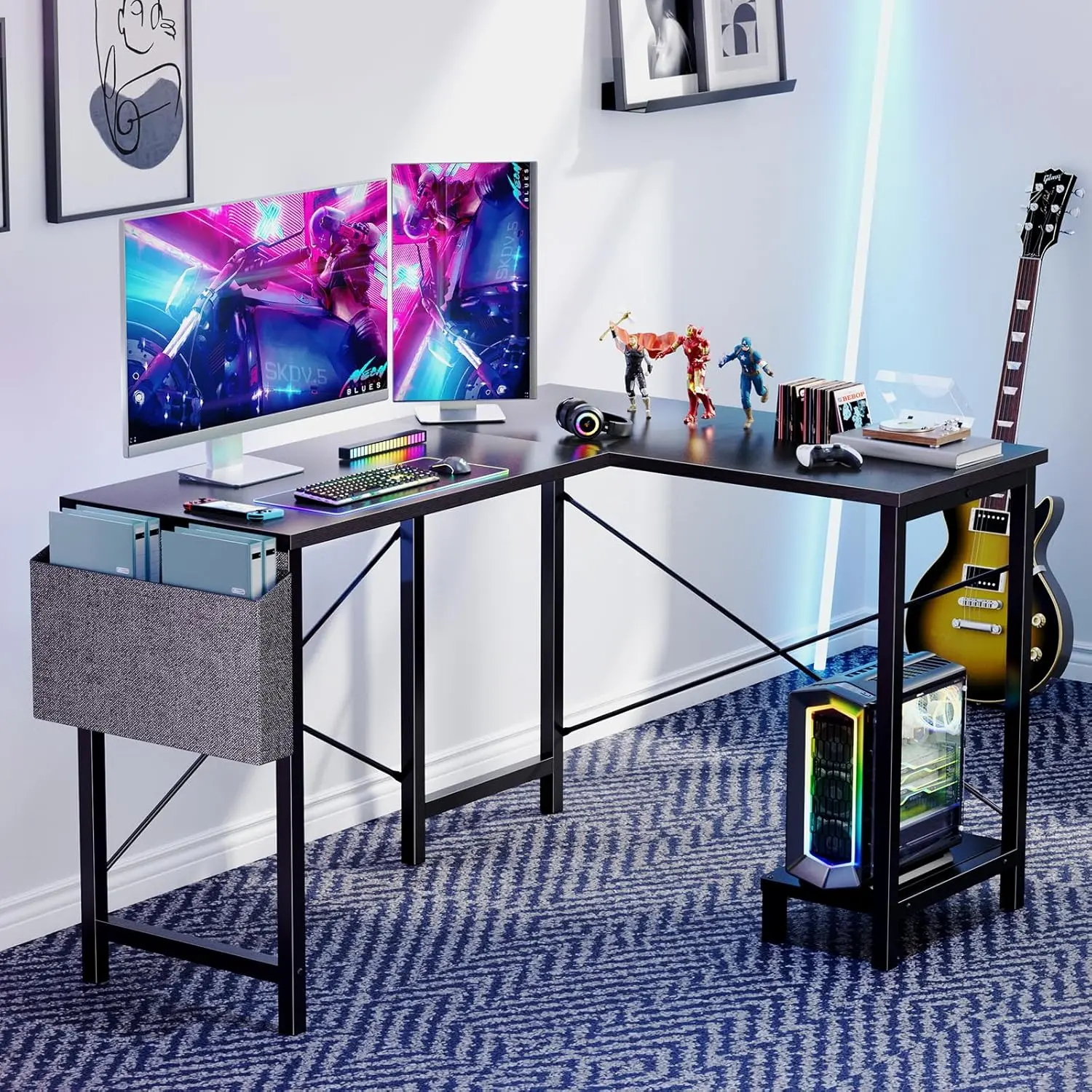 50 Inch Reversible L Shaped Computer Gaming Desk, Black Corner Workstation with CPU Shelf, Sturdy Modern PC Table for Home Office, Study & Writing