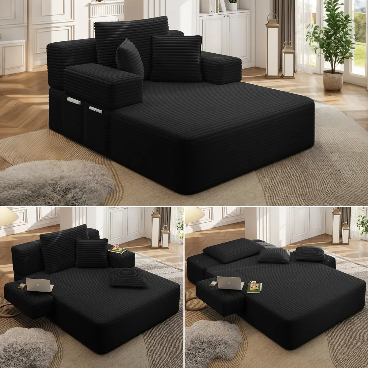 Chaise Lounge with 3 Pillows, Convertible Sofa Bed with Storage Pocket, Luxurious Plush Corduroy Couch Bed Frameless Design & Compression Foam for Small Spaces, Living Room, Apartment,Black