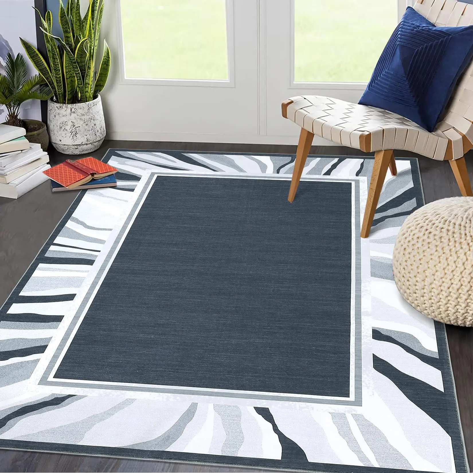 【GARVEE】Washable Rugs: Stylish Modern Bordered Area Rugs in Sizes 2x6, 5x7, 8x10, 9x12 for Living Room, Bedroom, Dining Room, Office - Features Low Pile, Non-Slip Backing, Indoor Use, Non-Shedding, Foldable, Grey & Blue Options