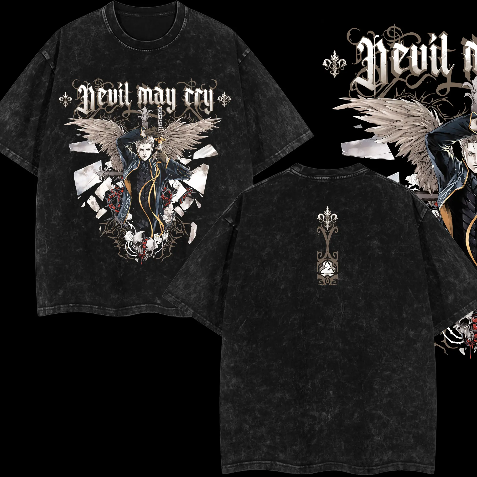 [Eclipse] Vergil Devil May Cry Game Double Printed Oversize Lightweight Acid Washed Tee TV Series Graphic T-Shirt