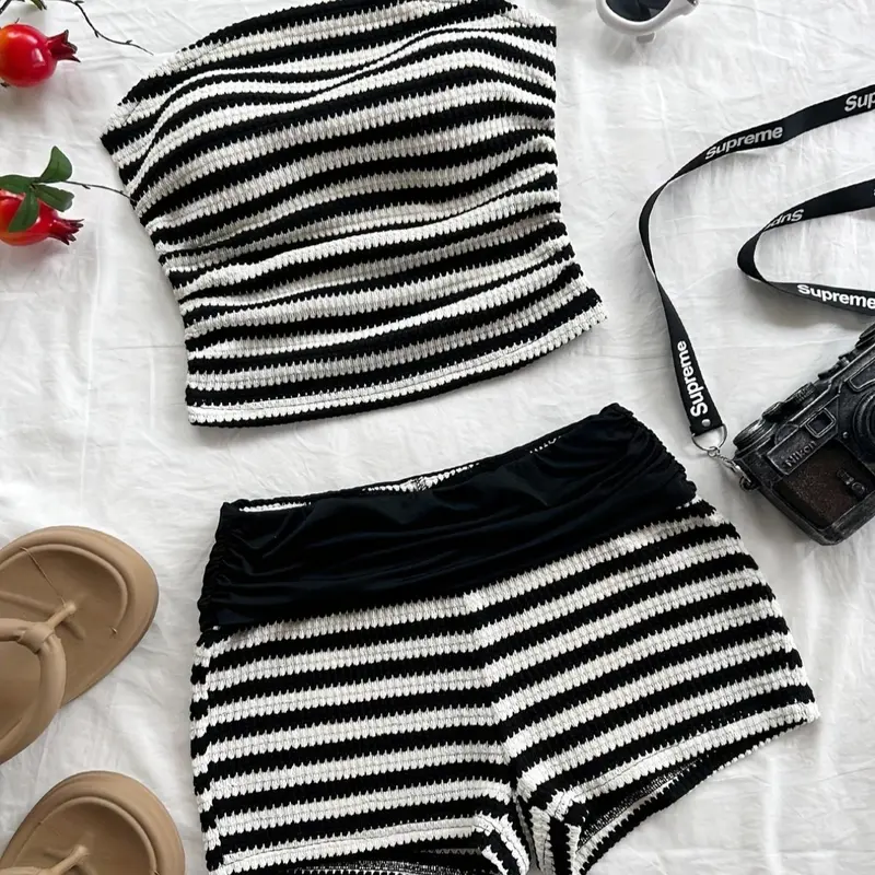 Two-piece Set Women's Striped Print Tube Top & Shorts, Casual Fashion Cozy Outfits for Daily Outdoor Wear, Ladies Summer Clothes, Suits, Womenswear, Casual Loungewear Set, Knitted Shorts Set, Shorts Sets Outfits, Stretchy Outfit Sets, Tops Shorts Set