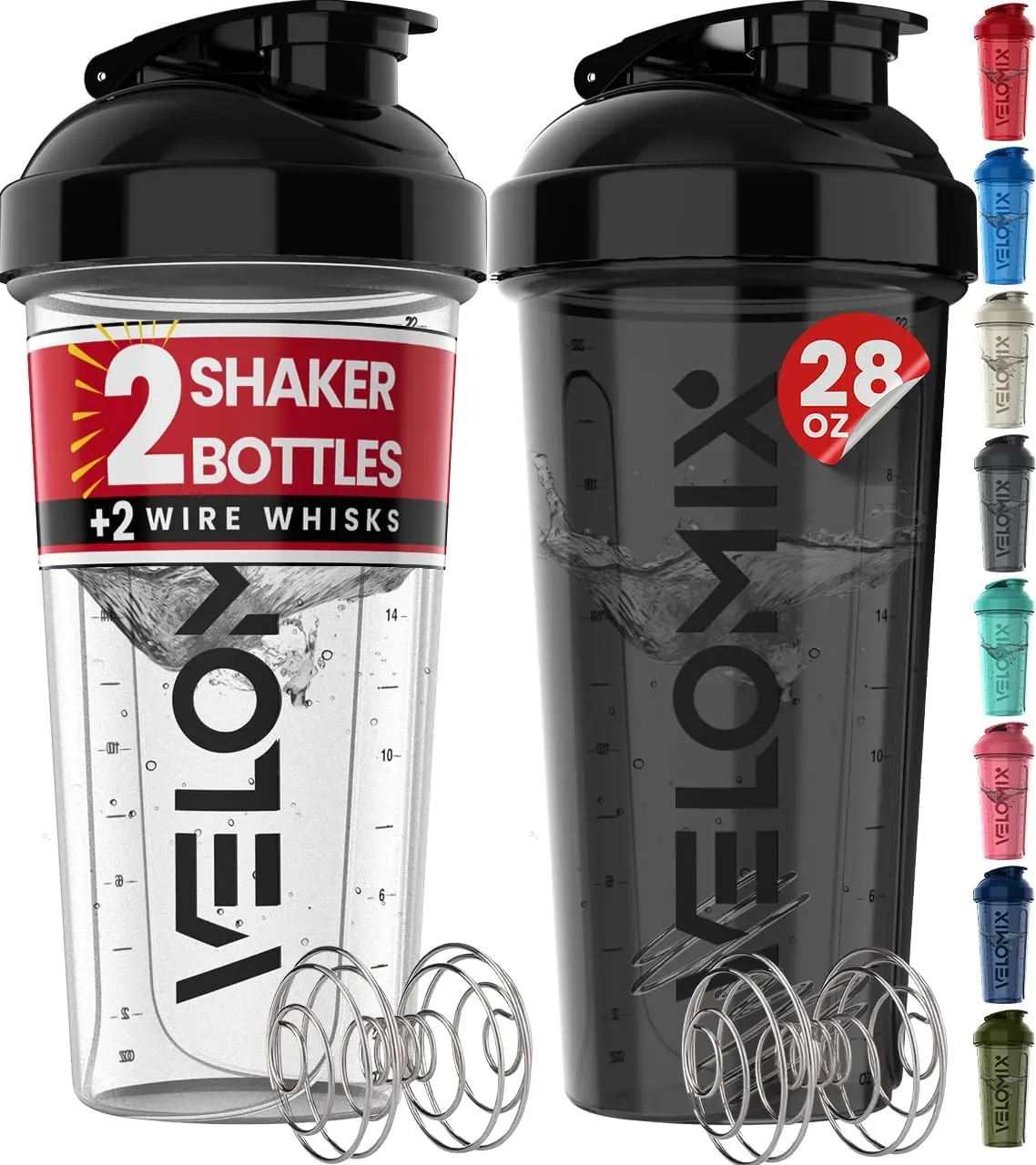 VELOMIX 2 Pack 28oz Protein Shaker Bottle for Protein Mixes, Black/Transpar | 2x Wire Whisk, Leak Proof Shaker Cups for Protein Shakes, Stackable, Dishwasher safe, BPA free, Pre Workout and Fitness ready