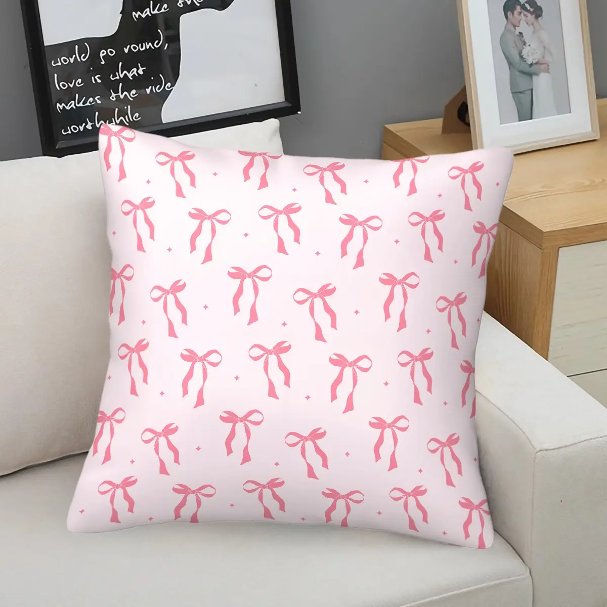 Sweet Bow-Print Throw Pillow (With Insert), Soft and Comfortable Lumbar Support Pillow, Bow Cushion, Ideal for Decorating Sofas, Living Rooms and Bedrooms, Perfect for Girls or As A Gift.