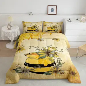 Yellow Bee Bedding Set,Sweet Honey Can Comforter Set for Teens Adult Women,Gerbera Floral Duvet Set,Vintage Cartoon Microfiber Down Comforter