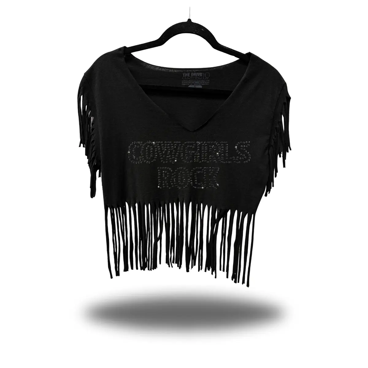 Women's In-House Statement Blouse, Black Rhinestone Western Fringe Crop Top, Shortsleeve, Casual