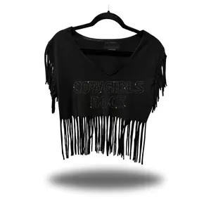 COWGIRLS ROCK BLACK RHINESTONE WESTERN FRINGE CROP TOP