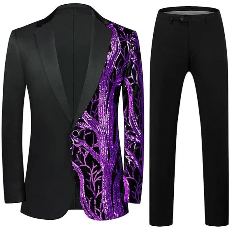 Men's Shiny Sequin Tuxedo, Slim Fit 2-Piece Suit, Single Button Cotton Blend Menswear for Formal Parties and Banquets, Clothes, Buckle, Fabric