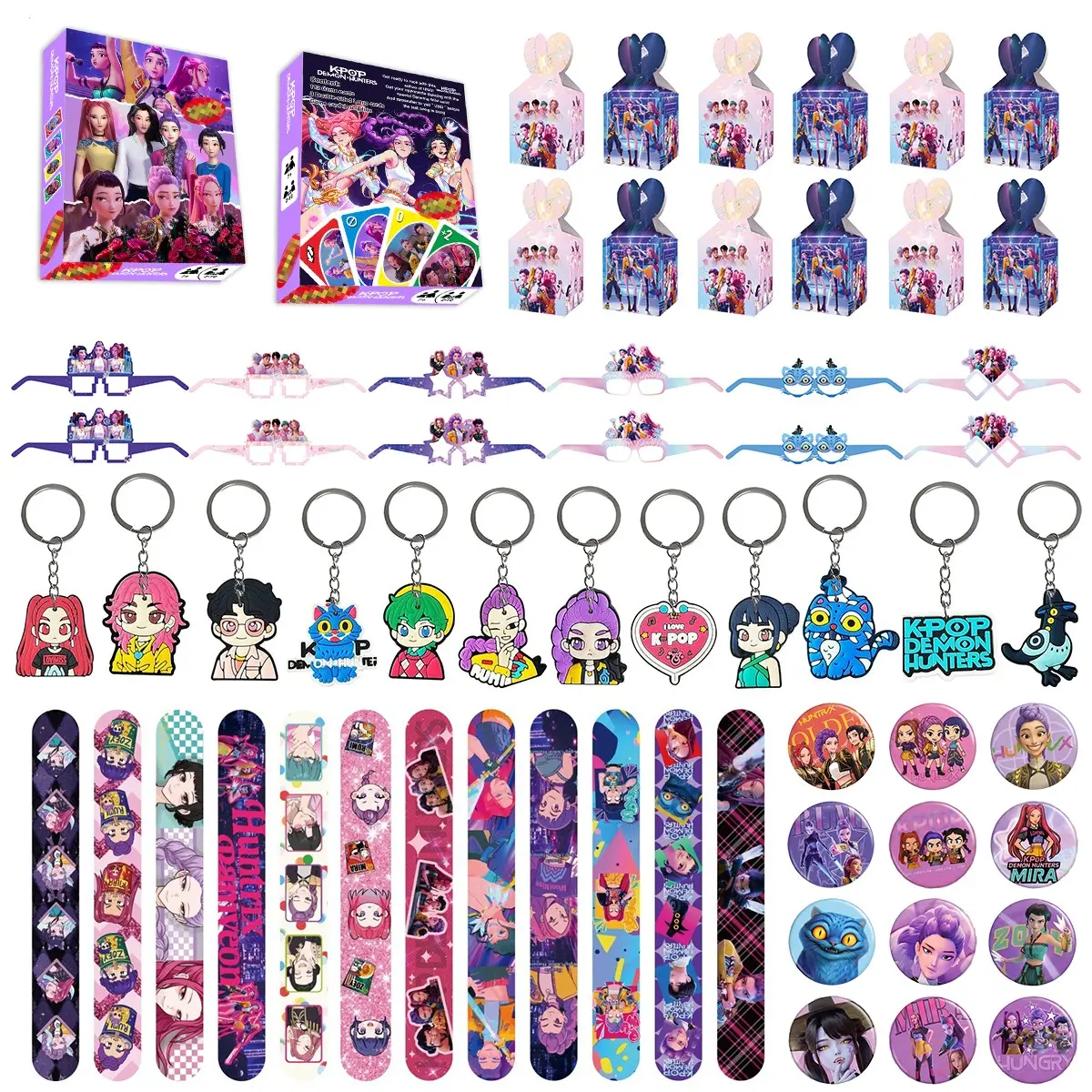 South Korean cartoon girl group birthday party set, six-piece set, includes 12 candy bags, 12 bracelets, 12 keychains, 12 glasses, 12 badges, and 120 game cards, the best choice for a birthday party