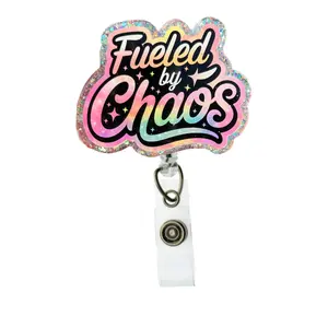 Fueled by Chaos Badge Reel, Retractable ID Holder with Bright Colorful Design, Funny Work Badge Clip for Nurses, Teachers, Office & Healthcare Staff, Fun Lanyard Accessory, Gift for Coworkers