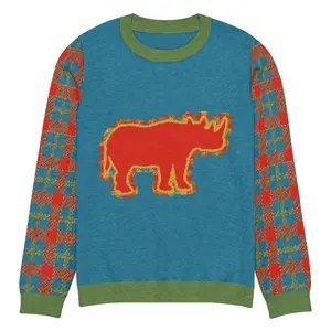 One Horse Rhino in Turquoise and Plaid Knitted Crewneck Sweater
